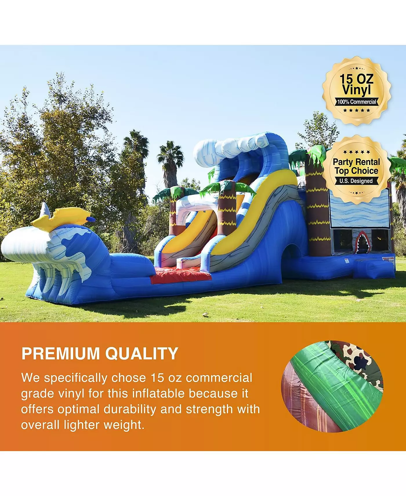 Jumporange Shark Коммерческий батут Водная горка с бассейном (с нагнетателем), для детей и взрослых, влажный/сухой комбинированный, баскетбольное кольцо, всплывающие препятствия, стена для скалолазания, надувной, летний