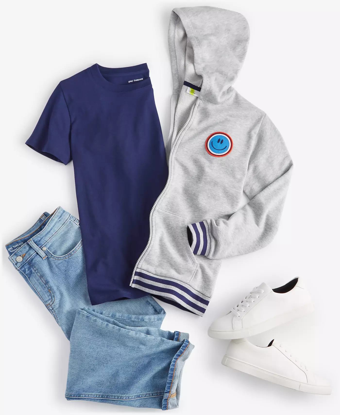 Epic Threads Толстовка с капюшоном Happy Day для маленьких и больших мальчиков, футболка Core и свободные джинсы Bigleaf, а также обувь Grayson на шнуровке от INC International Concepts для маленьких и больших мальчиков