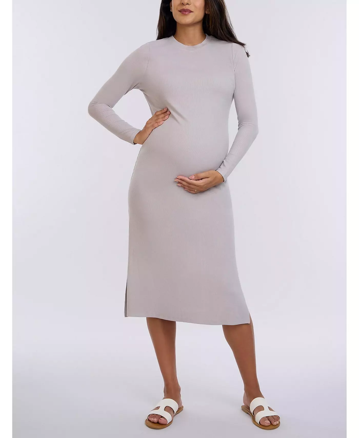 Платье для беременных с круглым вырезом, ребристым трикотажем и длинными рукавами - Motherhood