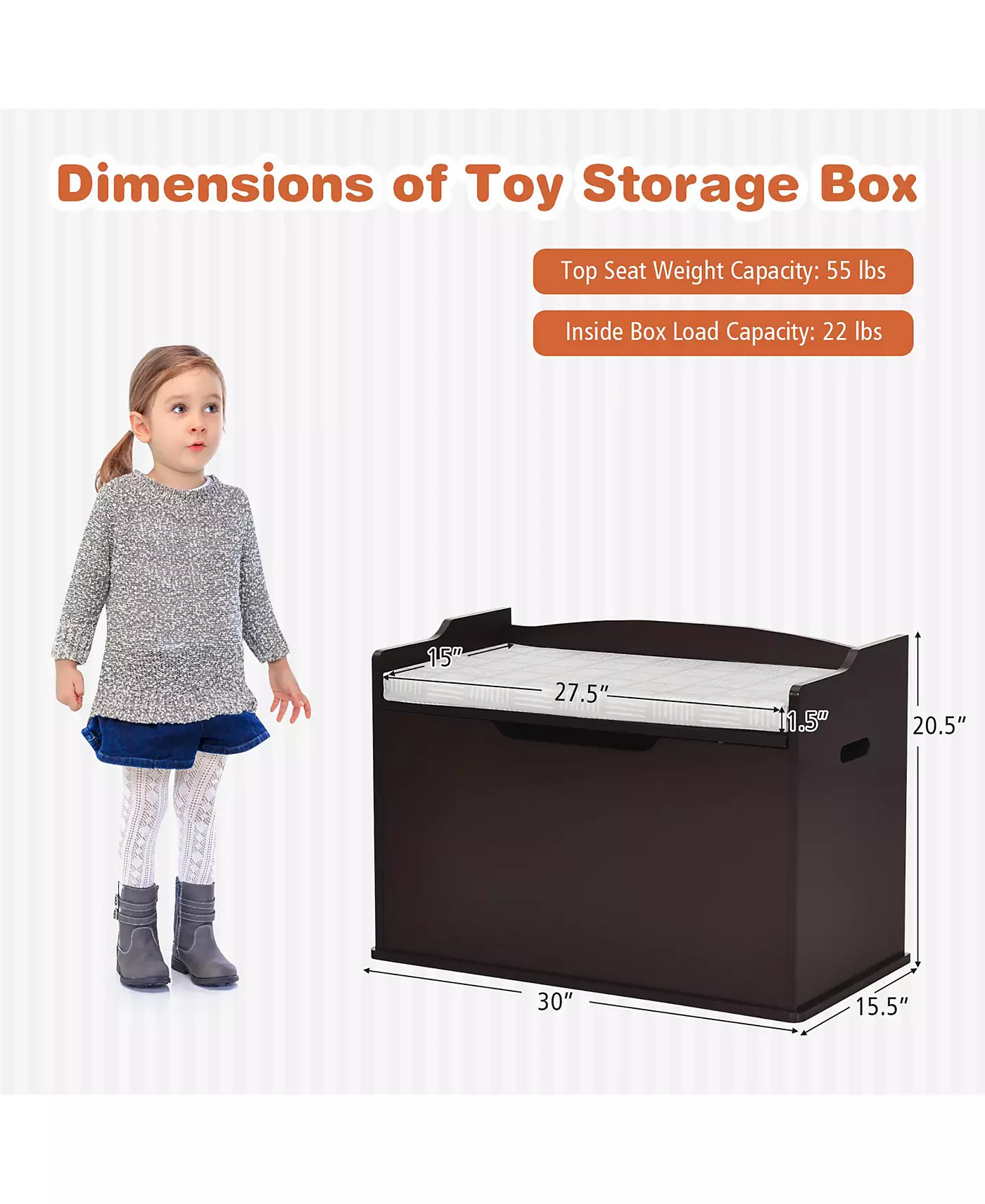 Ящик для игрушек для малышей Costway, деревянный, откидной, скамейка для хранения вещей с подушкой и предохранительным шарниром