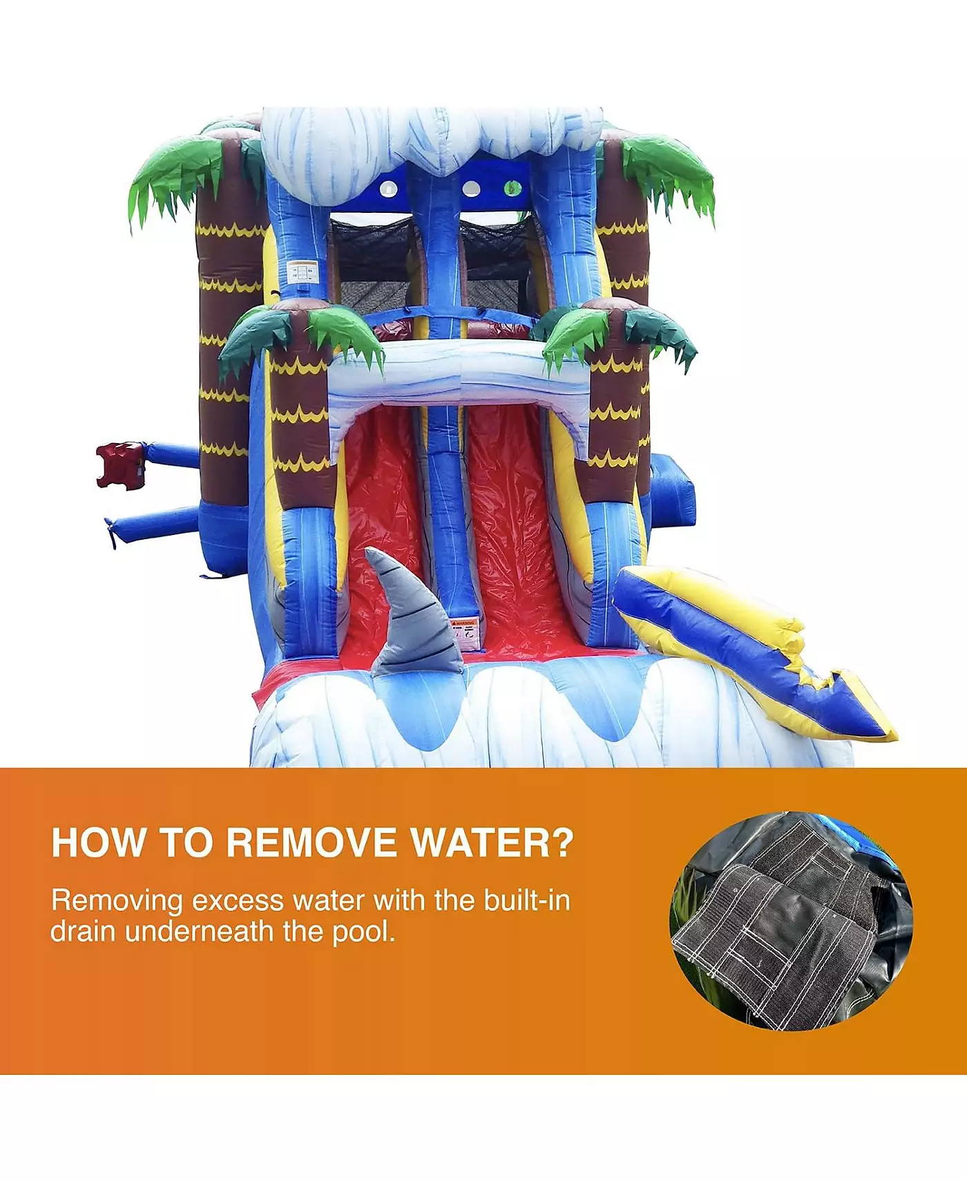 Jumporange Shark Коммерческий батут Водная горка с бассейном (с нагнетателем), для детей и взрослых, влажный/сухой комбинированный, баскетбольное кольцо, всплывающие препятствия, стена для скалолазания, надувной, летний