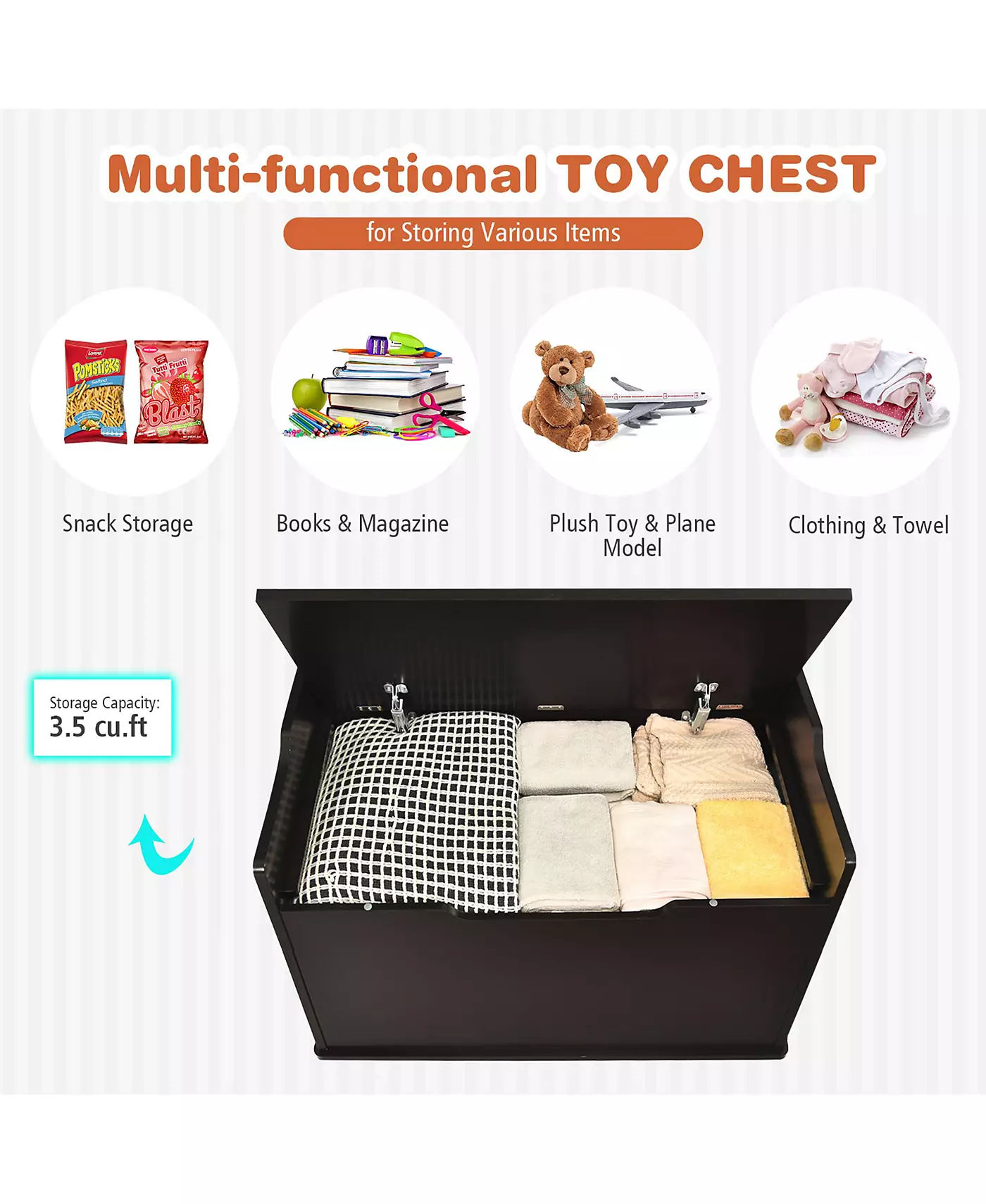 Ящик для игрушек для малышей Costway, деревянный, откидной, скамейка для хранения вещей с подушкой и предохранительным шарниром