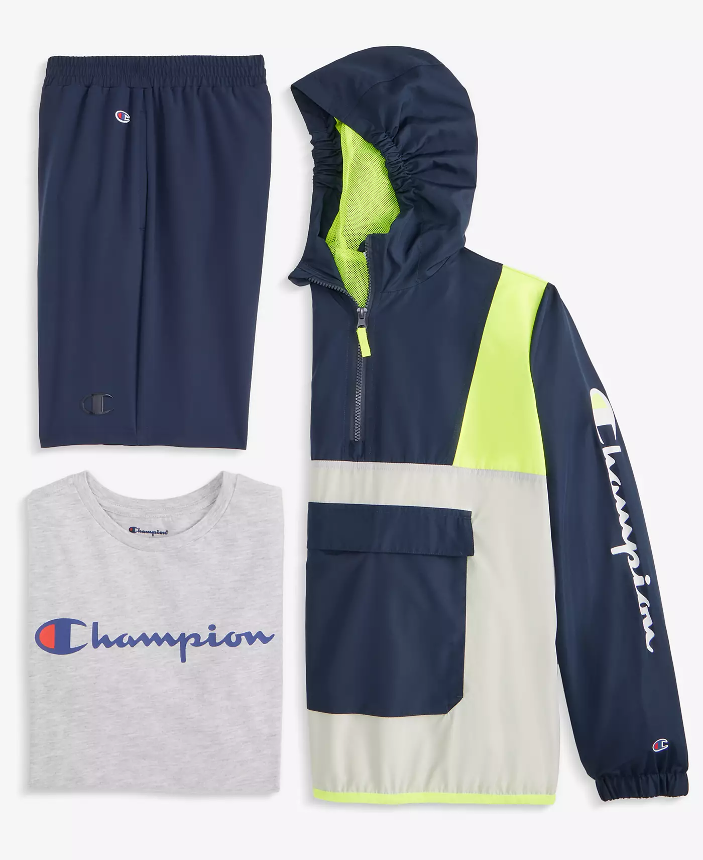 Ветровка Champion Big Boys, фирменная футболка и тканые шорты