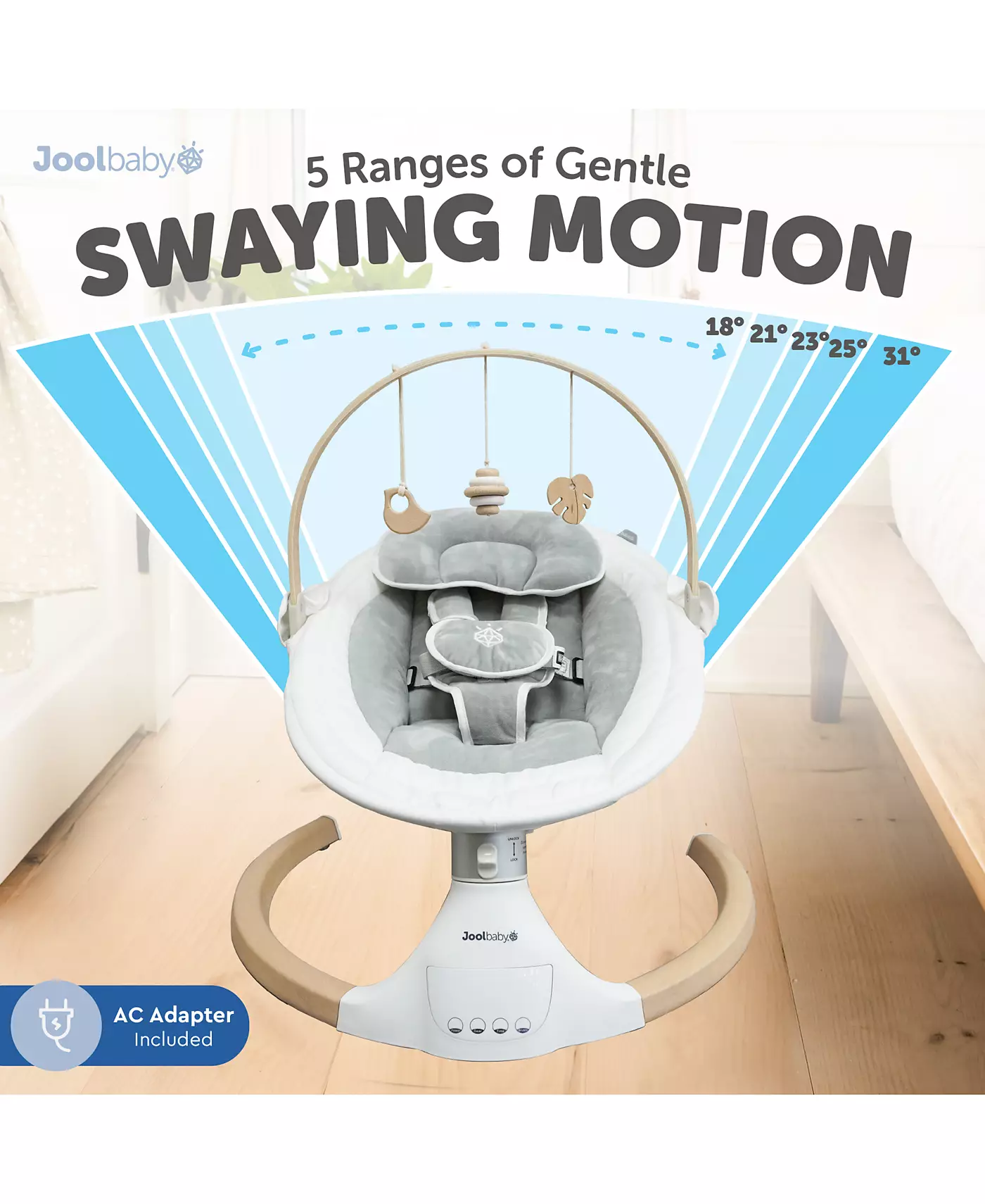 Детские качели Jool Baby Nova Nature для новорожденных – игрушки из натурального дерева, электрические моторизованные детские качели, музыка по Bluetooth