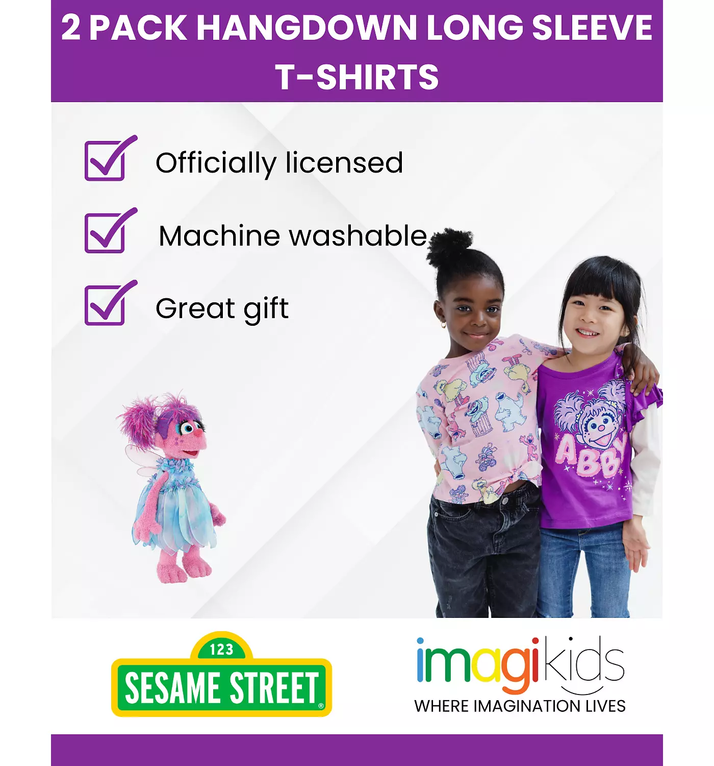 Улица Сезам для девочек, набор из 2 футболок с длинными рукавами и баской