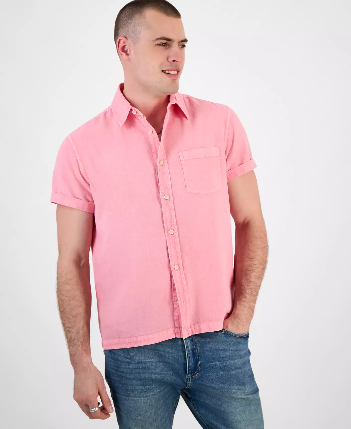 Мужская рубашка Sun + Stone Blake Linen Chambray с коротким рукавом и застежкой на пуговицы спереди, созданная для Macy's