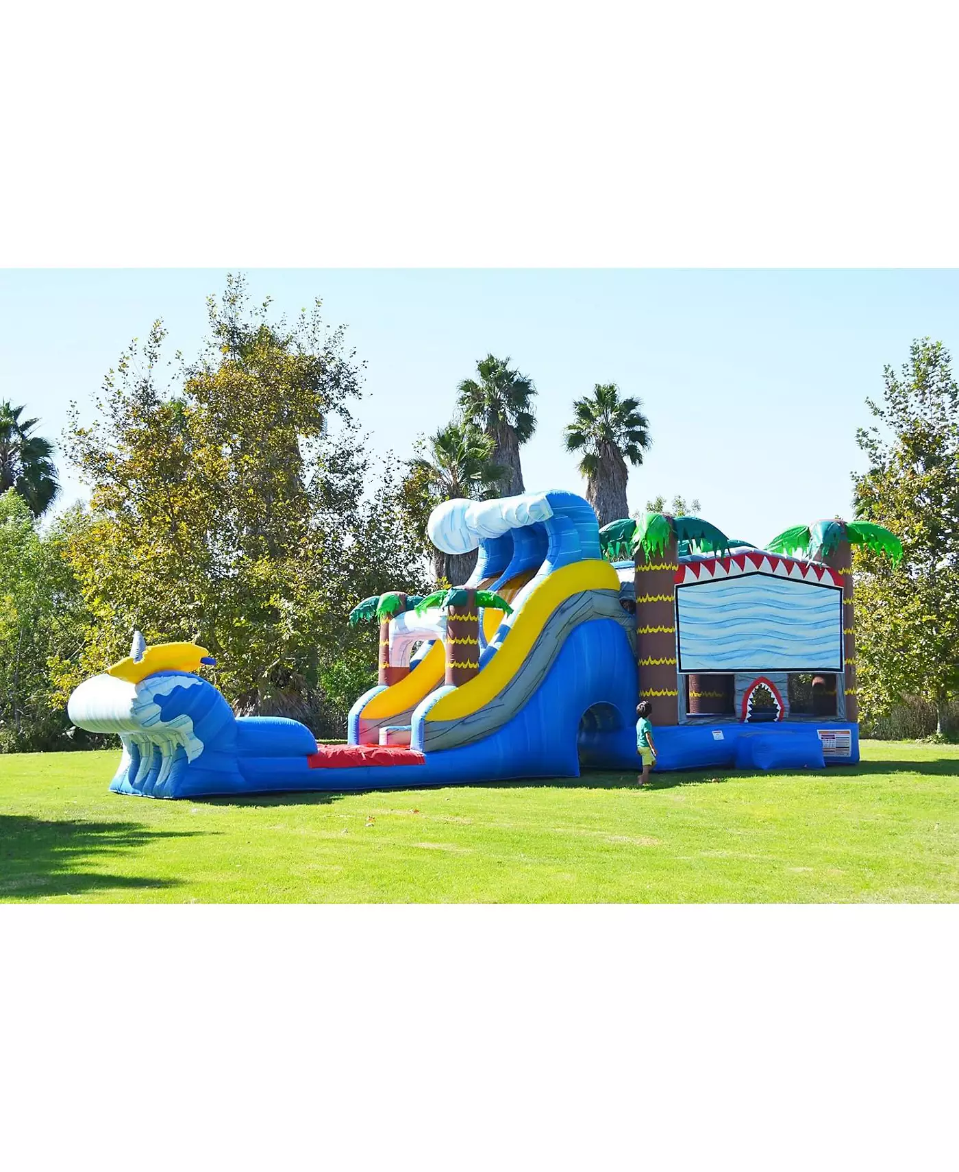 Jumporange Shark Коммерческий батут Водная горка с бассейном (с нагнетателем), для детей и взрослых, влажный/сухой комбинированный, баскетбольное кольцо, всплывающие препятствия, стена для скалолазания, надувной, летний