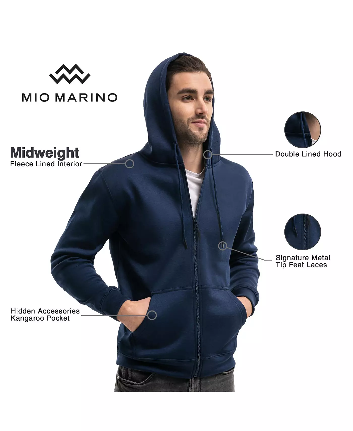 Мужская толстовка Mio Marino Premium Zip-Up Hoodie для мужчин с гладкой шелковистой матовой отделкой и уютной флисовой подкладкой, с капюшоном