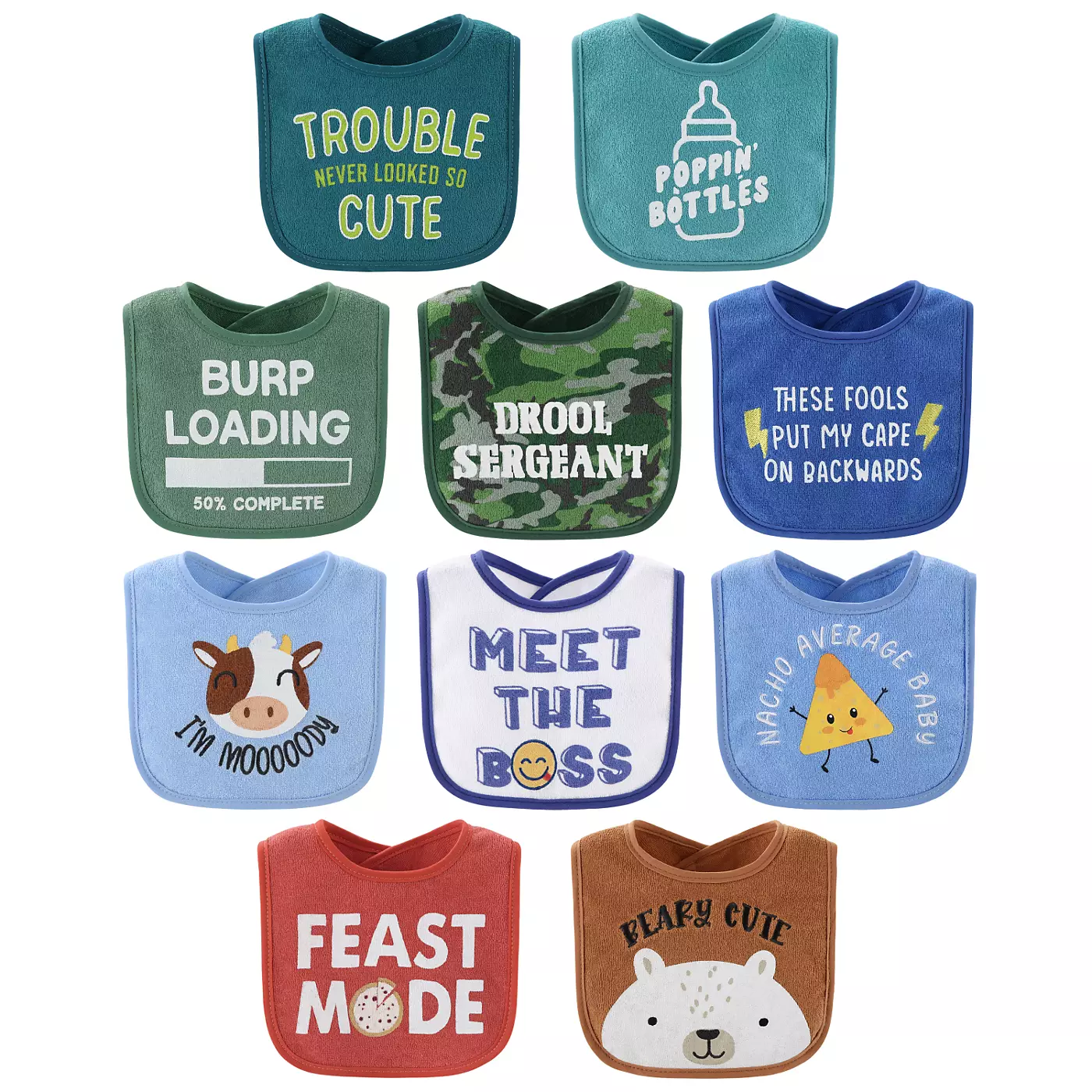 The Peanutshell Oh Boy! Terry Baby Bib, набор из 10 штук, кормление, прорезывание зубов, слюнотечение