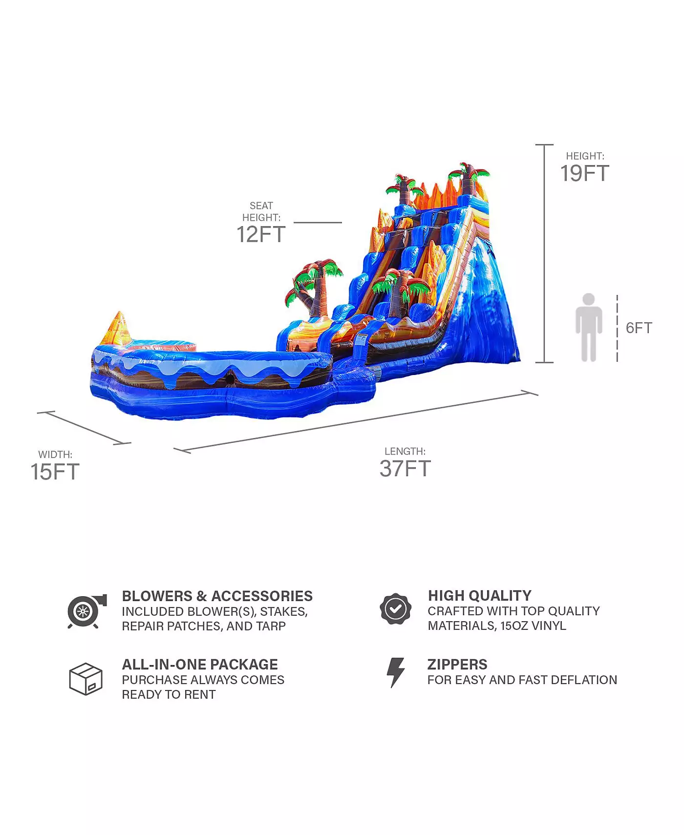 Jumporange Oasis Коммерческая надувная водная горка со съемным глубоким бассейном (с нагнетателем), для использования на открытом воздухе и в помещении, для влажного и сухого использования, высокая водная горка, для детских праздников