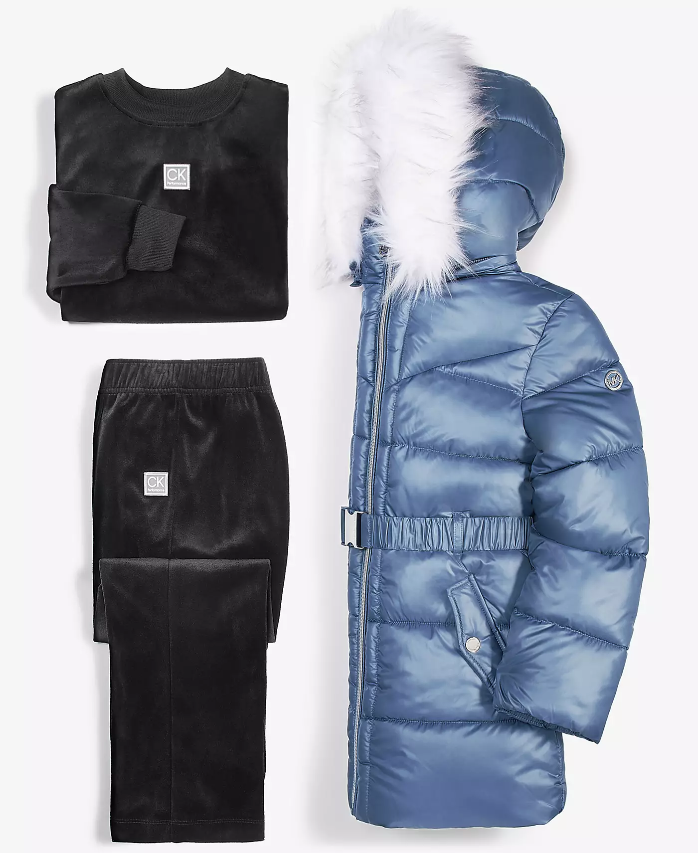 Свитшот Calvin Klein Performance Big Girls Luxe Velour, спортивные штаны Luxe Velour и куртка-пуховик Michael Kors с поясом и отделкой из искусственного меха