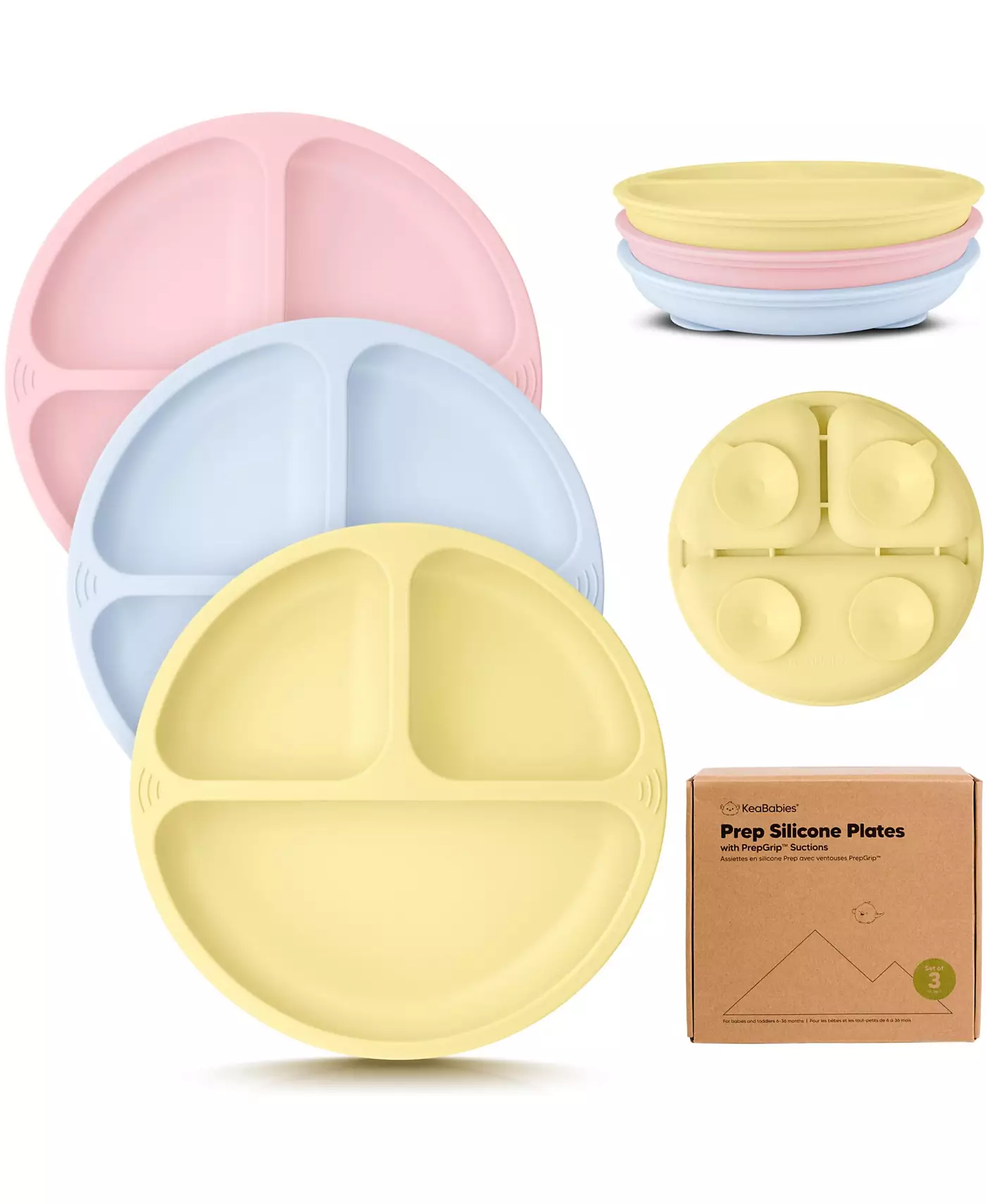 Упаковка из 3 тарелок с присосками для малышей KeaBabies, 100% силикон, детские тарелки с разделителями, без бисфенола-А, с присоской