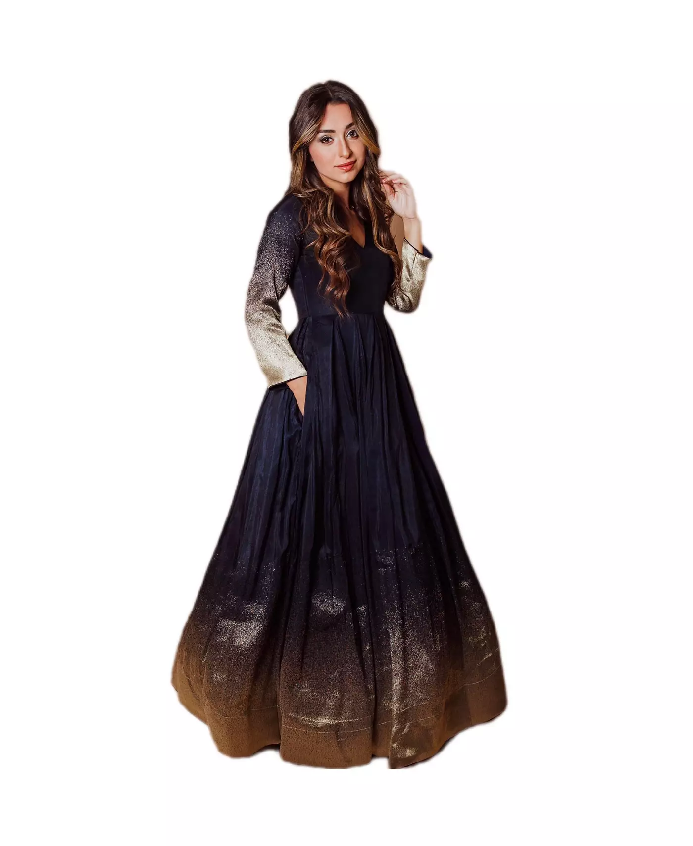 Женское платье RAAS сине-золотого цвета с длинными рукавами