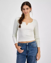 Футболка Hippie Rose Juniors с вырезом на горловине и блестками, длинный рукав в рубчик