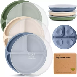 Упаковка из 3 тарелок KeaBabies Prep на присосках с крышками, 100% силикон, детские тарелки с крышкой, без бисфенола А, разделенные детские тарелки