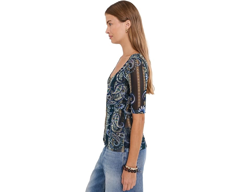 Elbow Sleeve Scoop Neck Mesh Tee