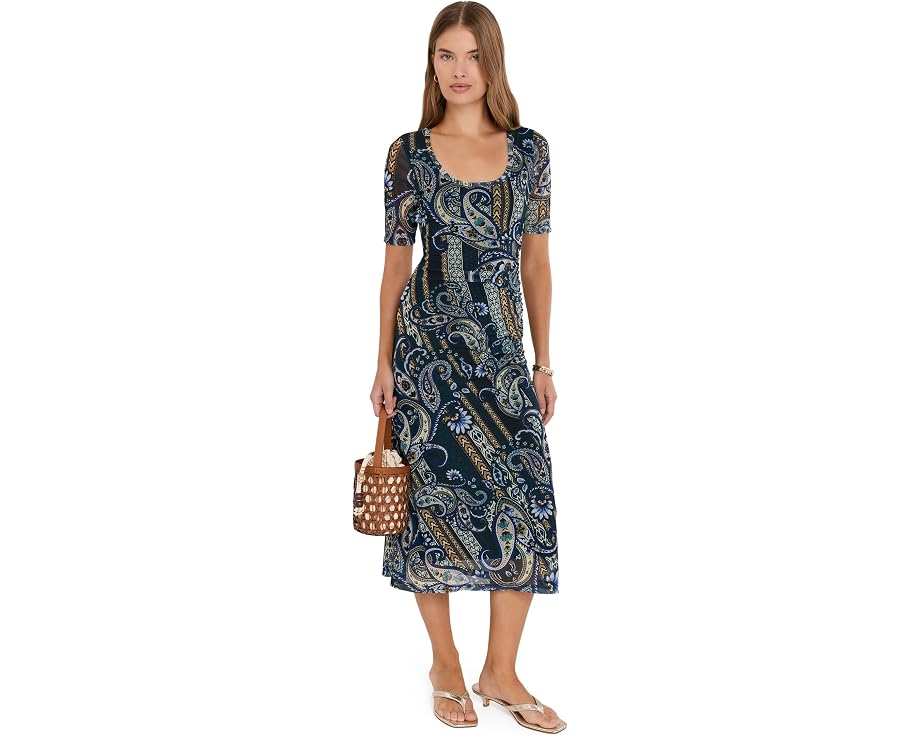 Scoop Neck Ruched Front Mesh Midi Dress
