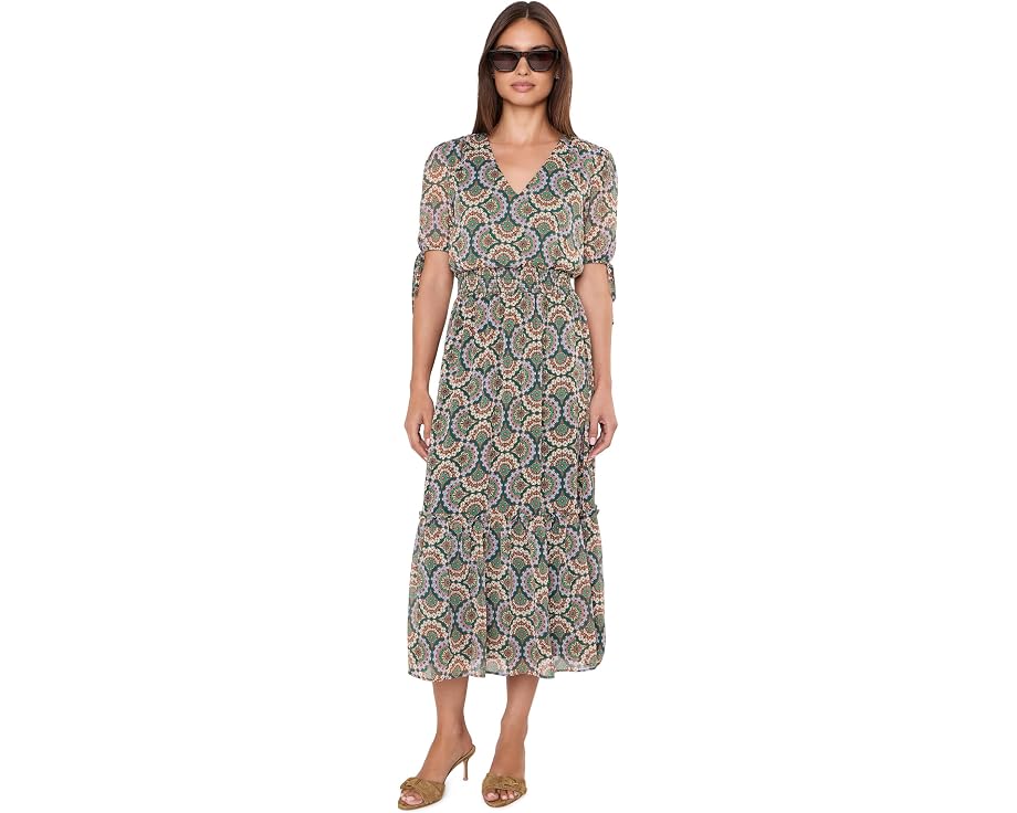 Платье миди CeCe V-Neck с принтом и поясом на резинке