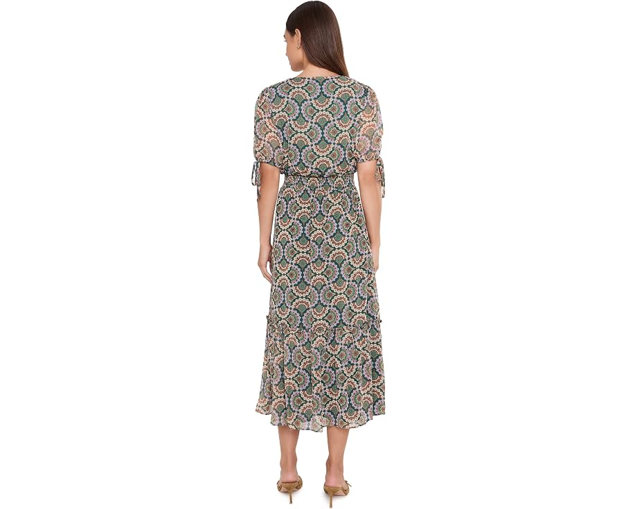 Платье миди CeCe V-Neck с принтом и поясом на резинке