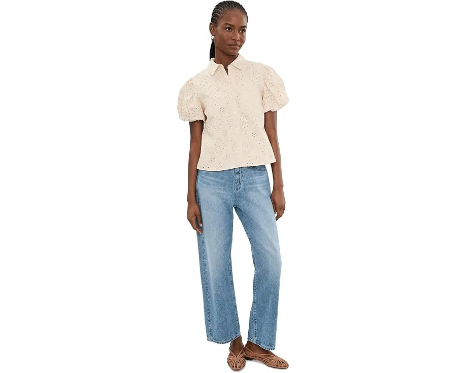 Collared Eyelet Embroidery Bubble Sleeve Top