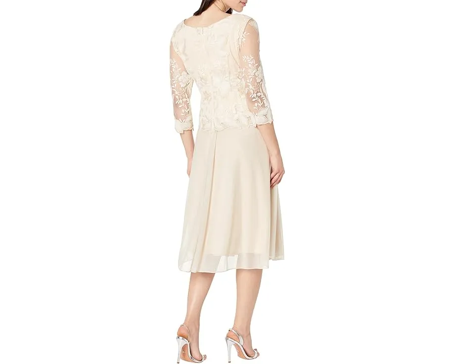 Платье Alex Evenings чайной длины с вышивкой и рукавами иллюзион на пышной юбке с фестончатым краем