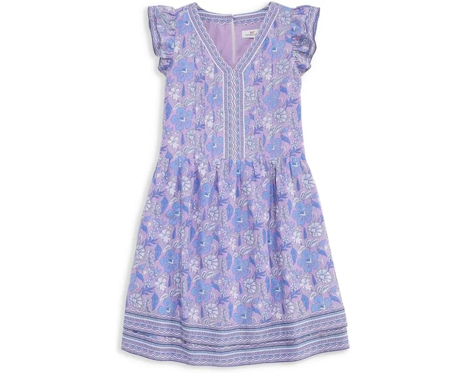 Платье Vineyard Vines Kids Flutter Pintuck с V-образным вырезом и короткими рукавами-фонариками