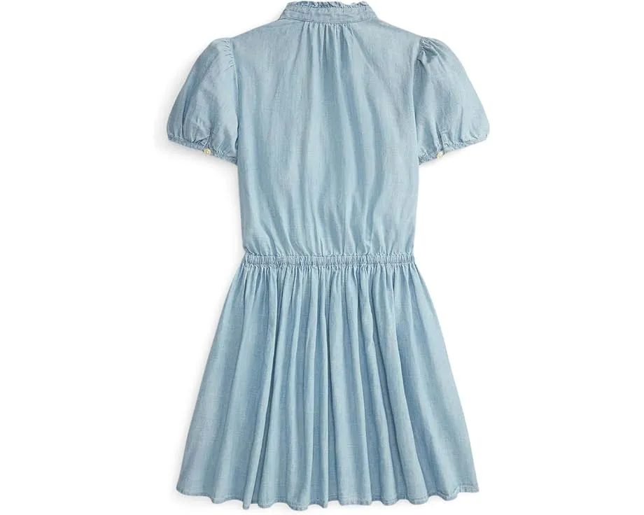 Платье Polo Ralph Lauren Kids из индиго хлопкового шамбри с оборками и вышитым пони