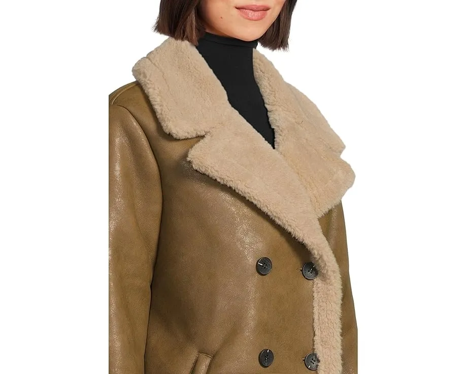 Двубортное пальто Avec Les Filles с отделкой под искусственную овчину