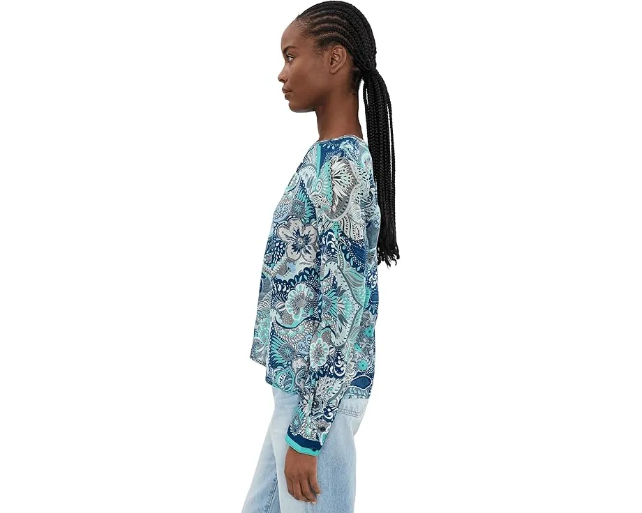 Petite Long Sleeve Woven Top w/ Keyhole Neckline