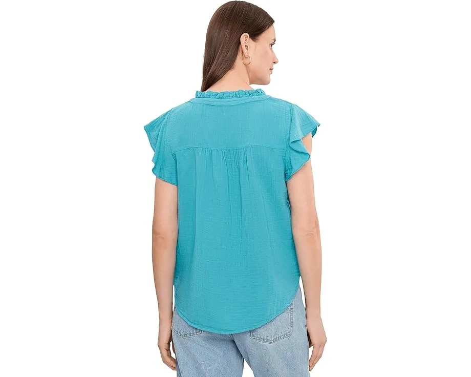 Gauze Flutter Cap Sleeve Ruffle Neck Henley Shirt