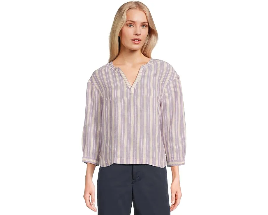 Рубашка L.L.Bean из стирального льна с разрезным воротником и рукавом три четверти в полоску