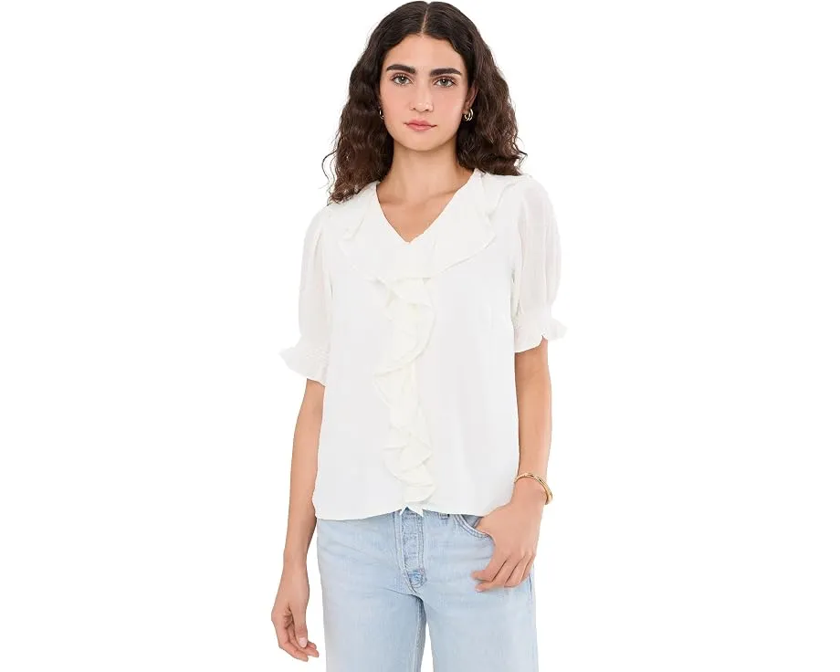 Топ CeCe Ruffled Pintuck Elbow Sleeve с рюшами и V-вырезом