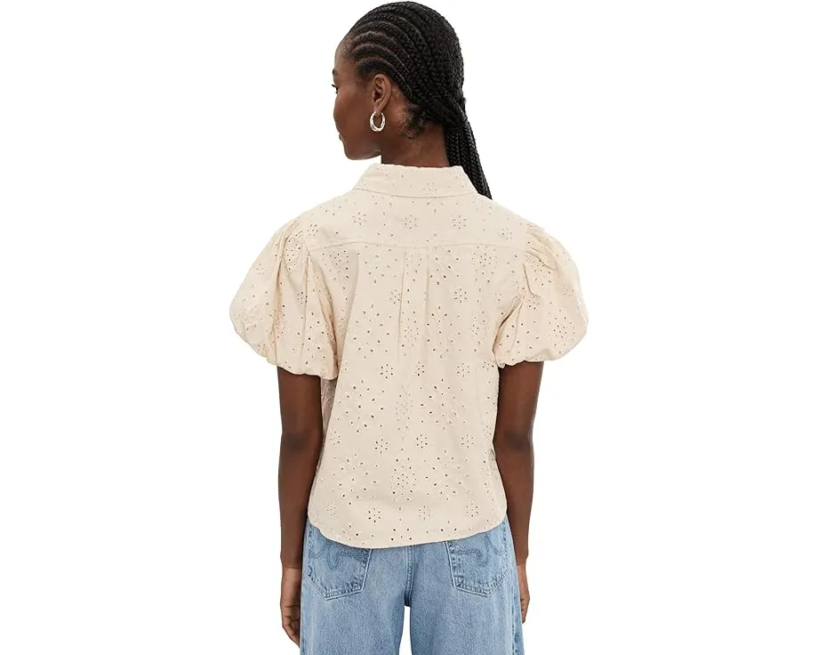 Collared Eyelet Embroidery Bubble Sleeve Top