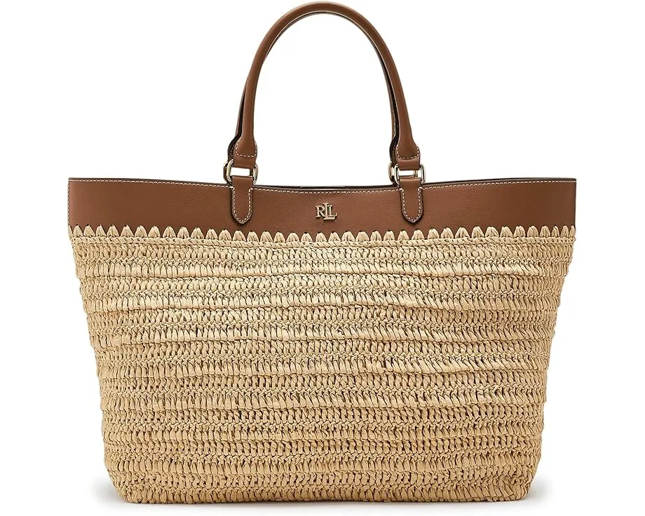 Leather-trim Straw Large Kyla Tote Bag