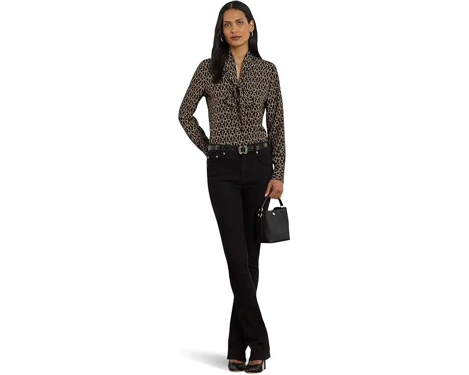 Chain-Print Crepe Tie Neck Blouse