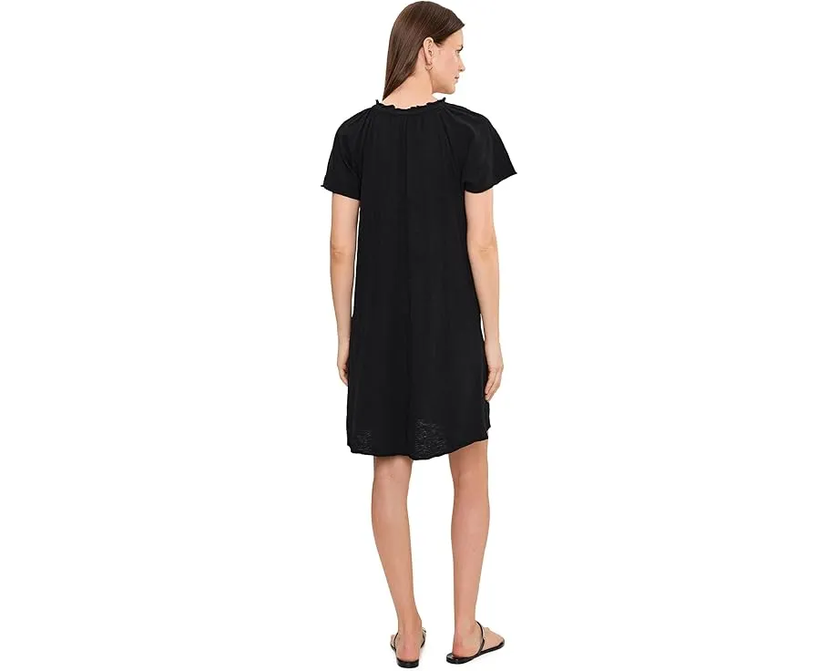 Short Sleeve Shirred Split-Neck Dress