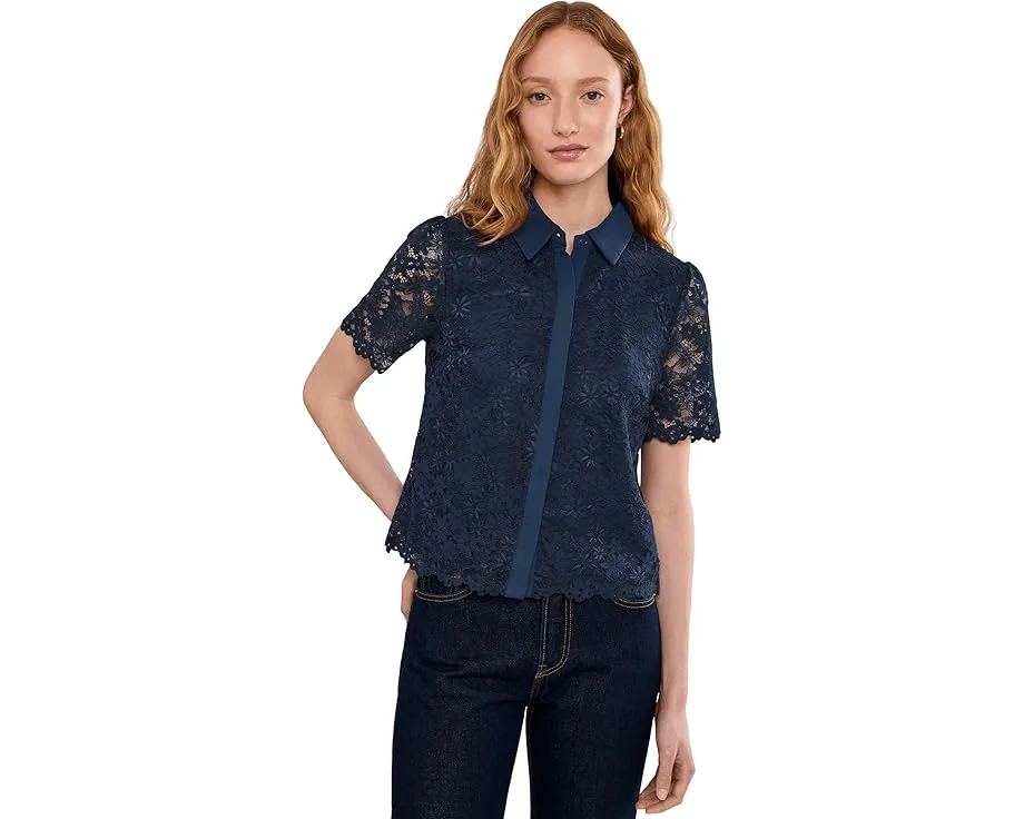 Lace Short Sleeves Hidden Placket Shirt