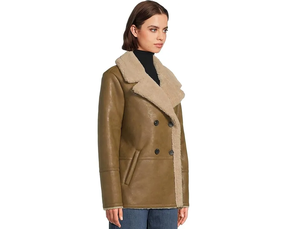 Двубортное пальто Avec Les Filles с отделкой под искусственную овчину