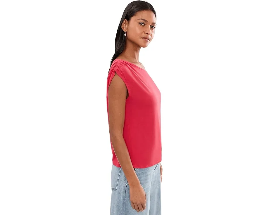 Petite Short Sleeve Asymmetric Off-Shoulder Knit Top