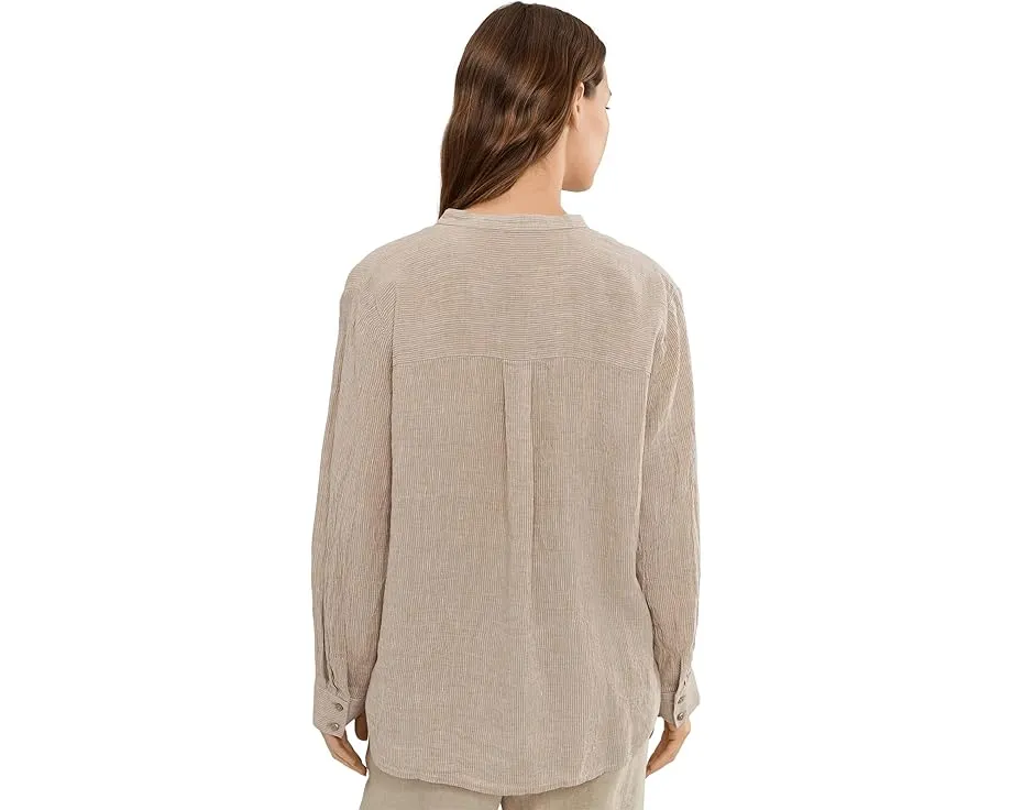 Puckered Organic Linen Stripe Mandarin Collar Shirt