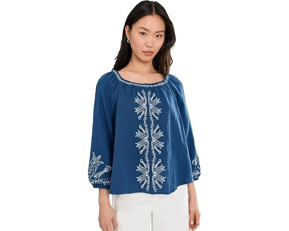 Petite 3/4 Sleeve Woven Top with Embroidery
