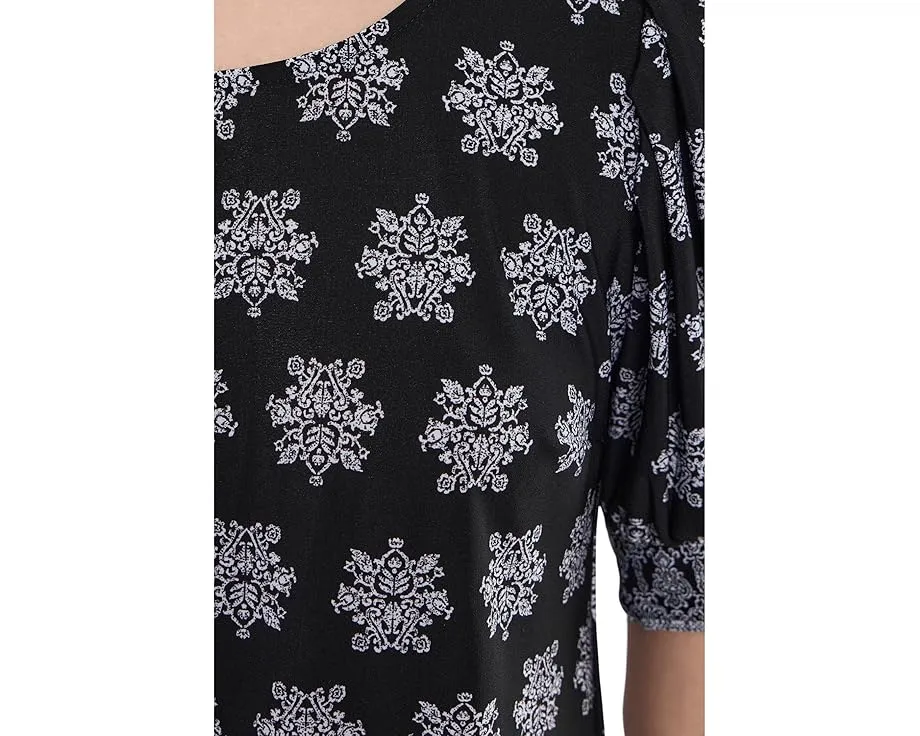 Elbow Sleeve Shirred Crew Neck Knit Top