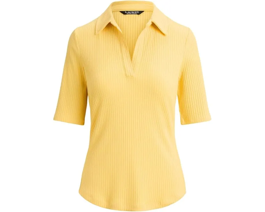 Rib-Knit Elbow-Sleeve Polo Tee