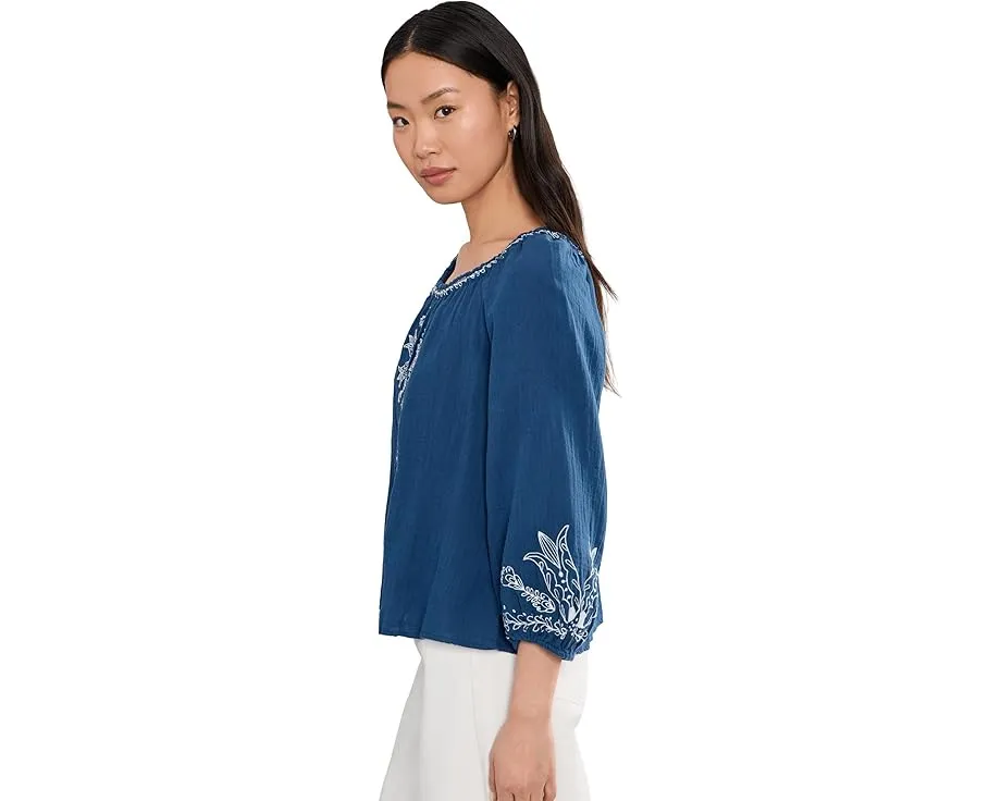 Petite 3/4 Sleeve Woven Top with Embroidery