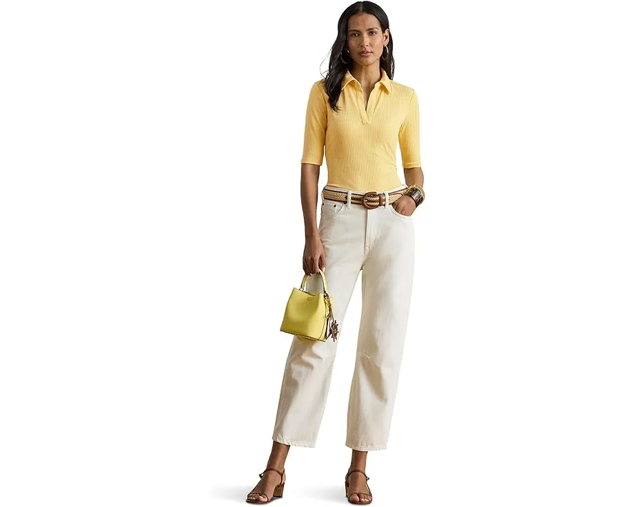 Rib-Knit Elbow-Sleeve Polo Tee