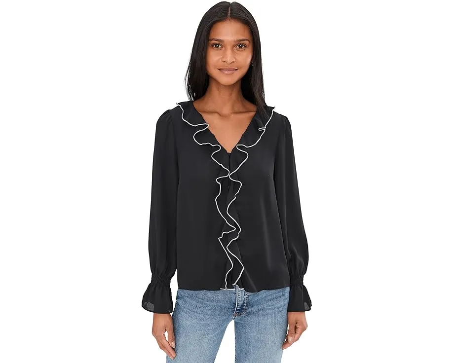 Блуза CeCe с длинным рукавом V-образным вырезом и рюшами контрастного цвета