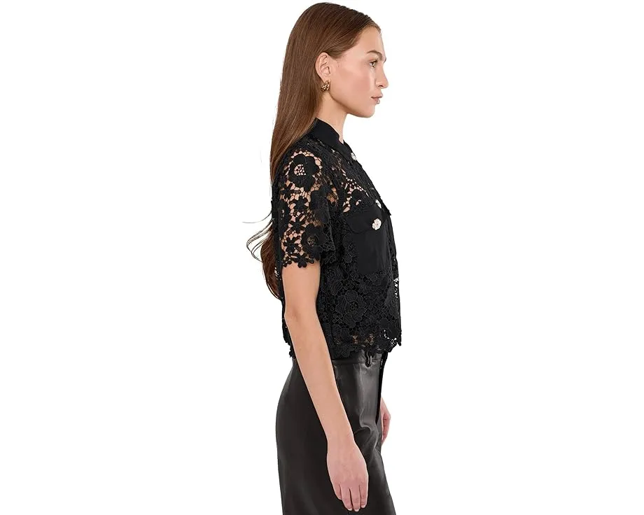 Блузка CeCe с коротким рукавом и кружевными вставками на пуговицах