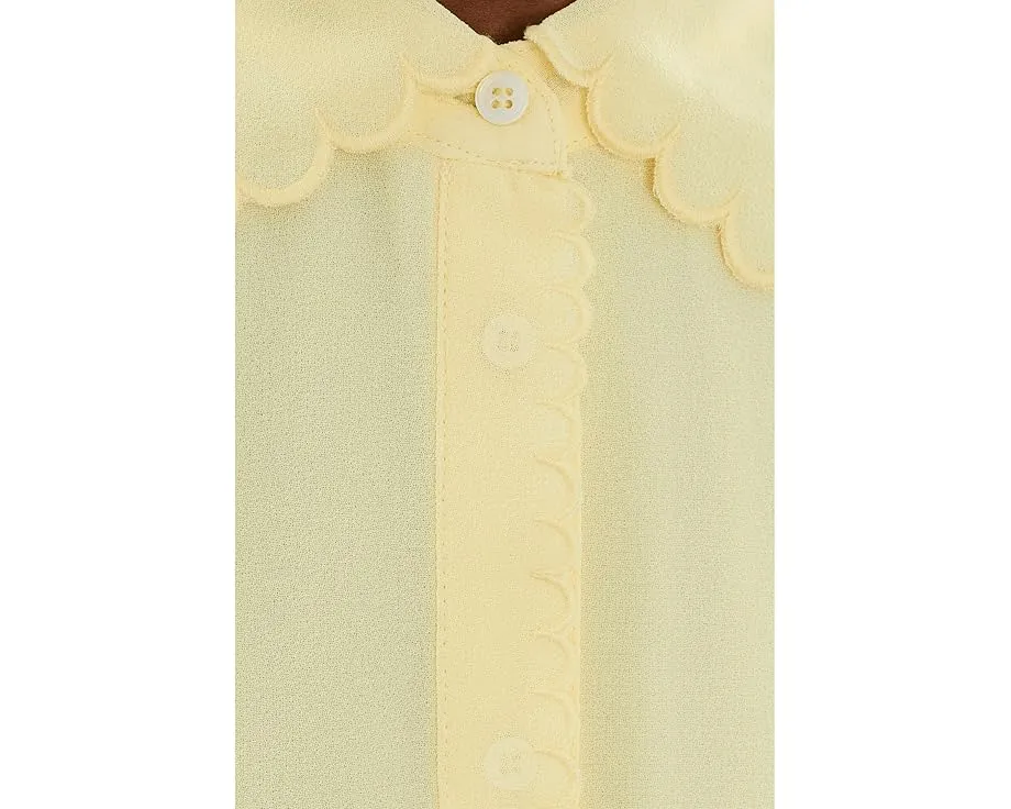 Short Sleeve Scalloped Collar & Cuff Button-Up Blouse