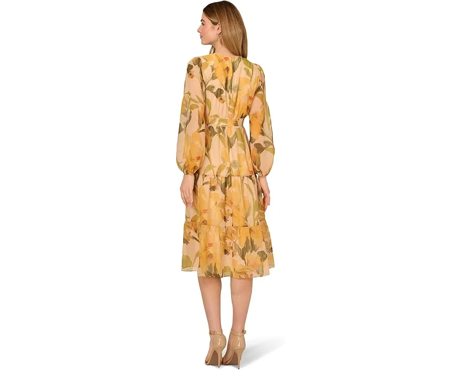 Adrianna Papell платье миди из органзы с цветочным принтом и длинными рукавами