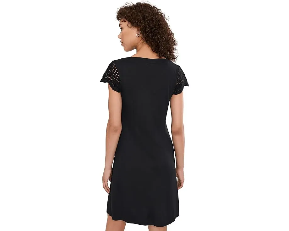 Tommy Bahama платье короткое Darcy Crochet Sleeve из черного плотного трикотажа с кружевными рукавами